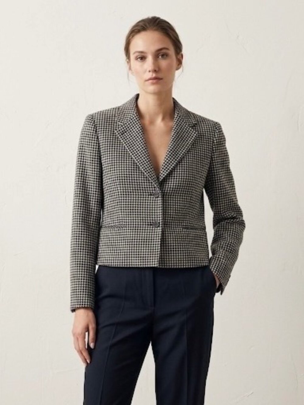 ck Calvin Klein Houndstooth Check Cropped Blazer Shoulder Pads 2 S/M Wool Vtg US